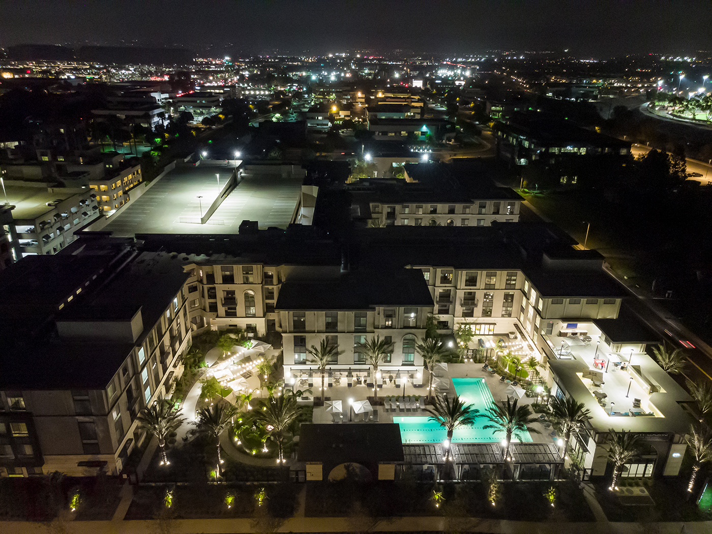 nighttime aerial view of The Murphy apartment community in Irvine, California